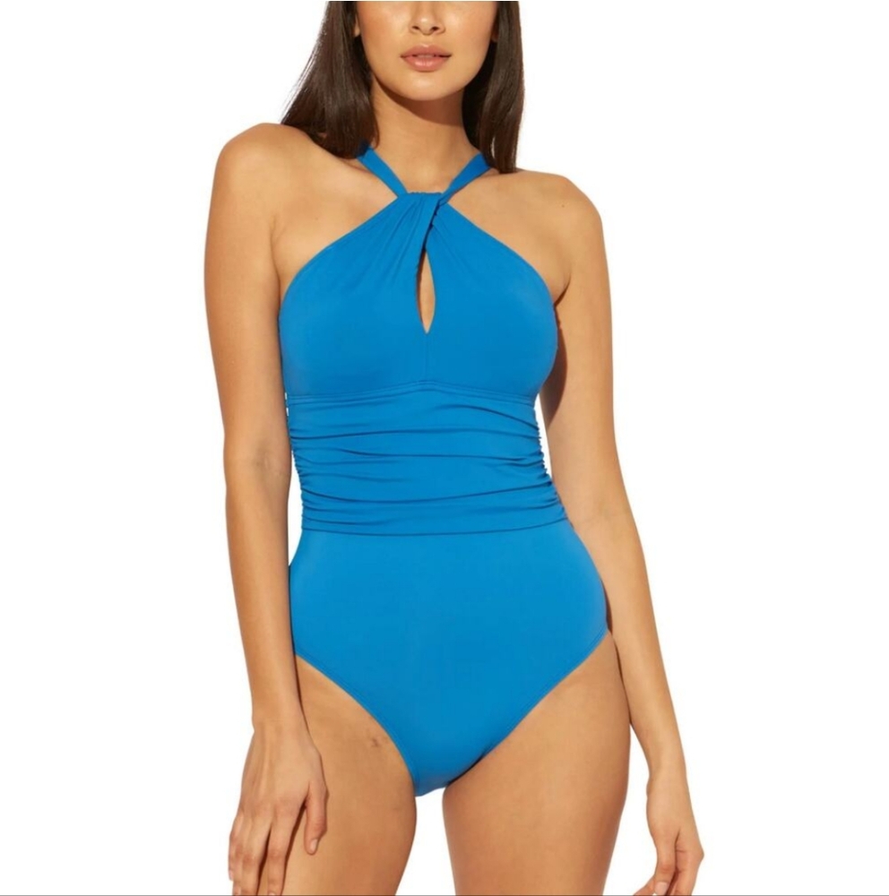 Bleu Rod Beattie Goddess Keyhole High Neck One-Piece Swimsuit Blue Size 6